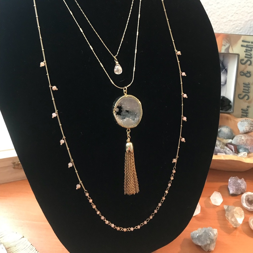 Boho 3 strand druzy crystal quartz necklace